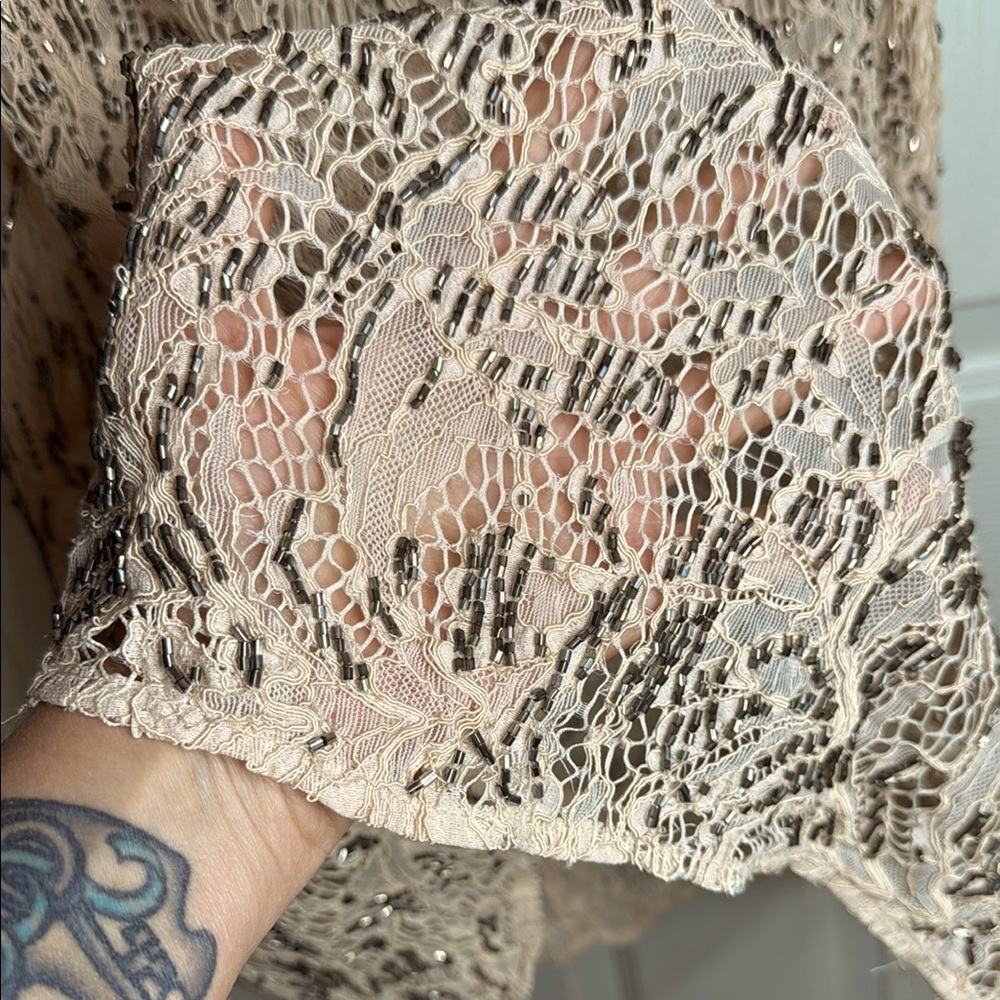 Free People Nude Metallic Lace Beaded Mini Shift Dress XS Boho Chic - Picture 6 of 16